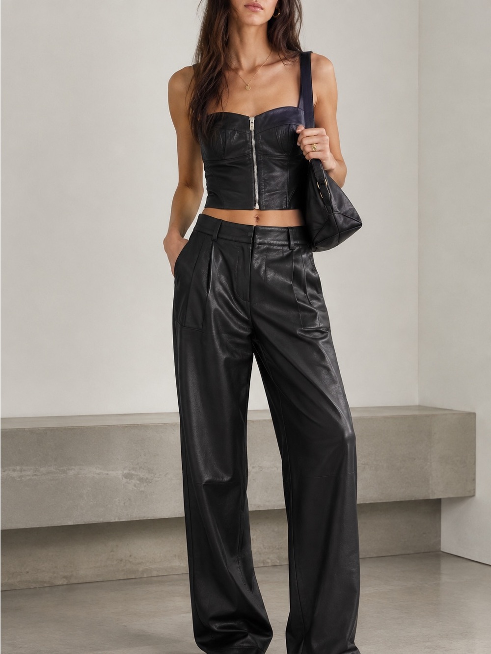 Custom Black Lambskin Leather Corset Crop Top Bustier Size 38